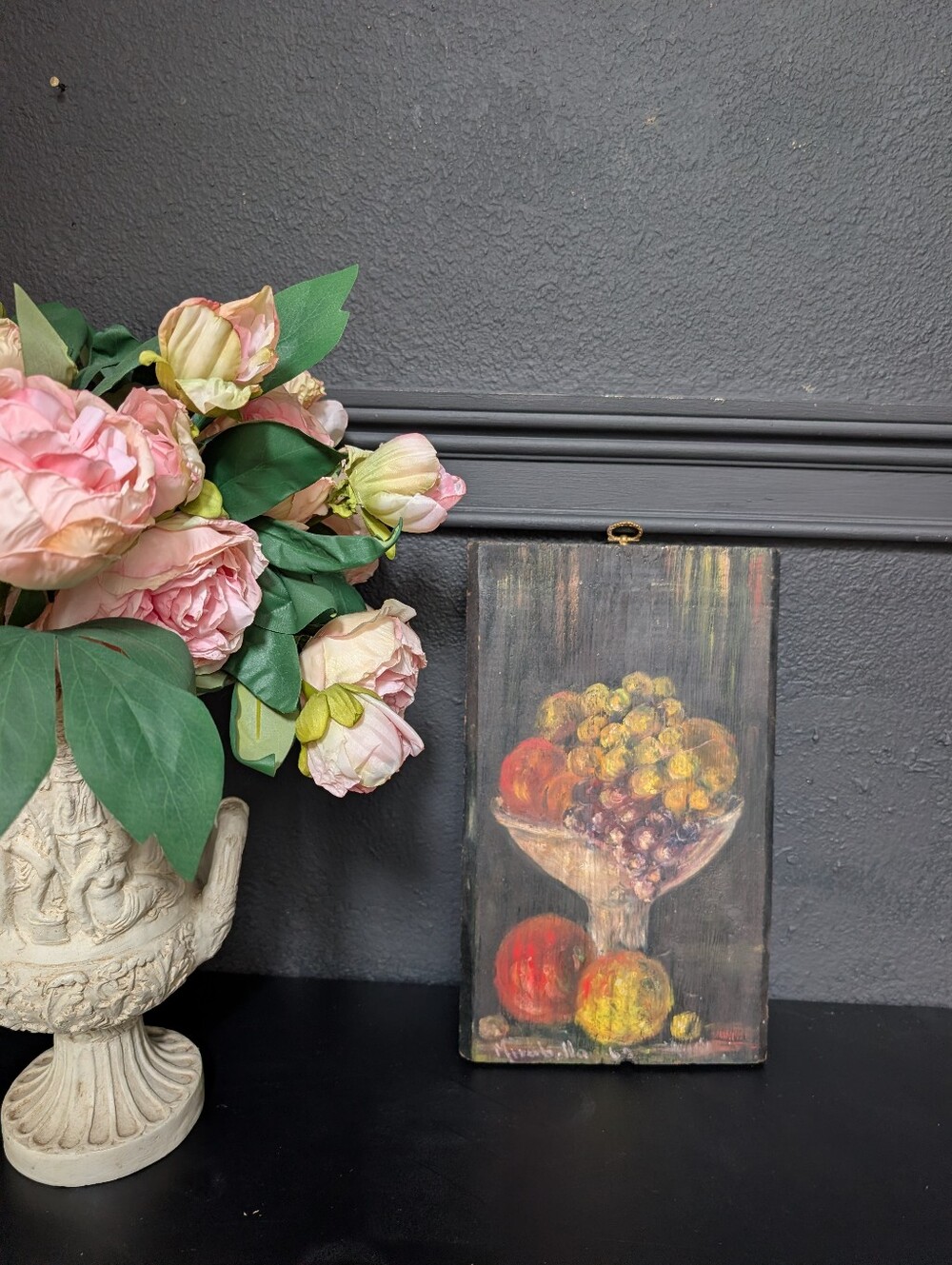 Vintage, 60's Oil Still Fruit Painting on Wood by STL's Anna Mirabella, Signed,